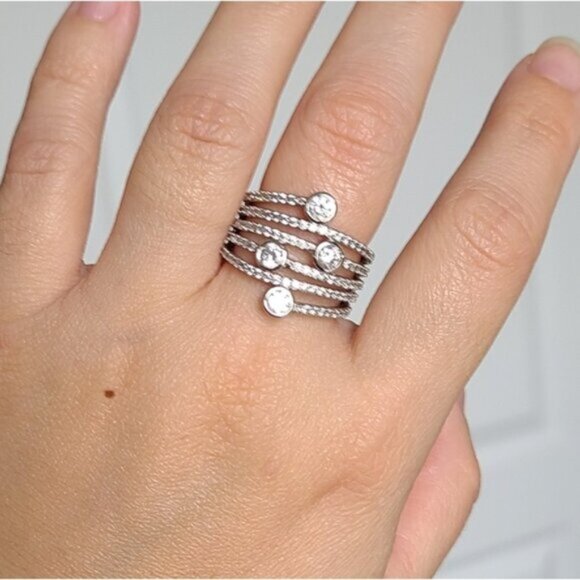 Vintage Sterling Silver Sparkle Crystal Layer Wrap Ring Size 6 - Picture 9 of 16